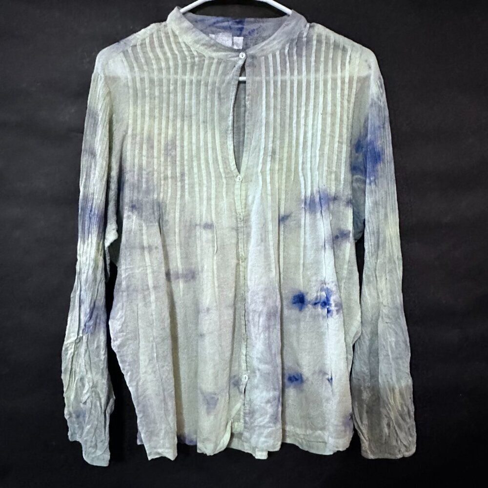 Soft Surroundings Blouse Tie Dye Pleated Green Blue Size Medium Top Long Sleeve